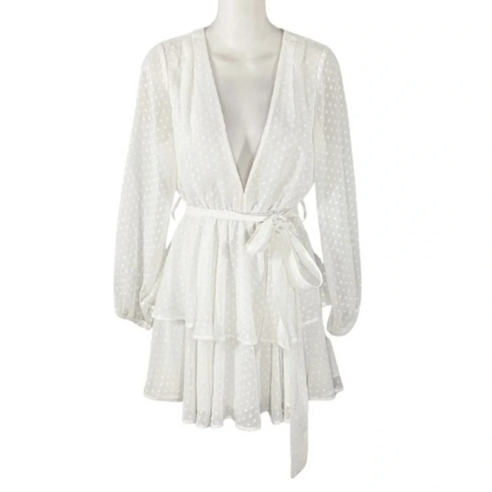 Princess Polly Lioness Legendary Lovers Belted Plunge White Tiered Dress XS RR15